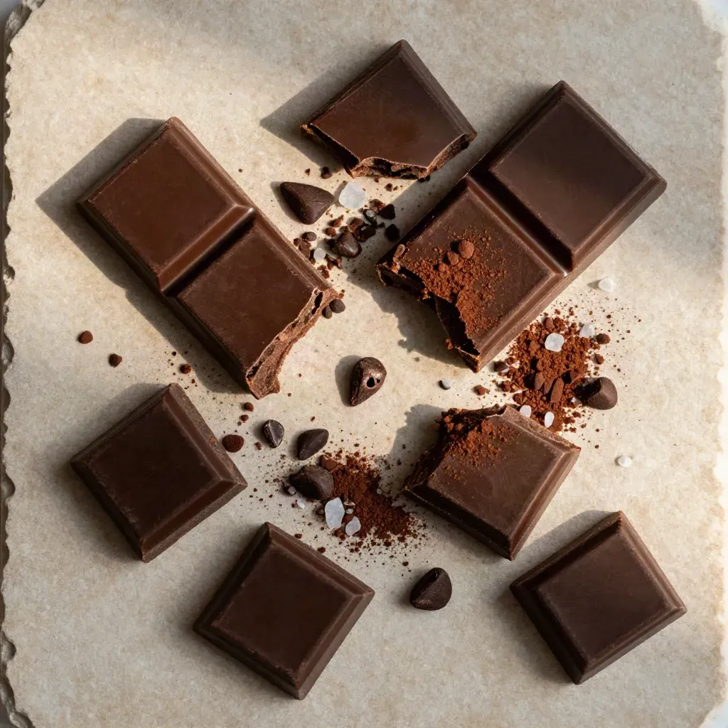 Bruten mörk choklad med kakaonibs, flingsalt och kakao på ljus kalksten.